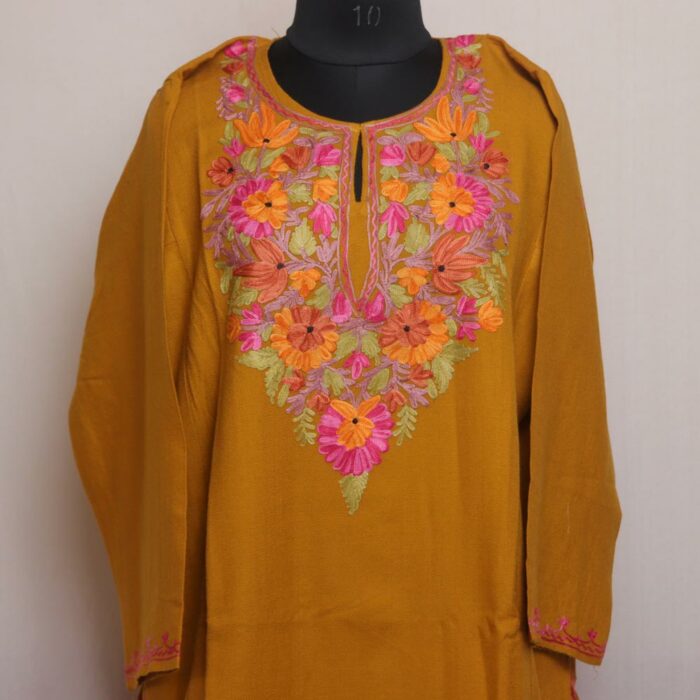 Mustard Fine Kashmiri Pheran With Aari Work - Image 2