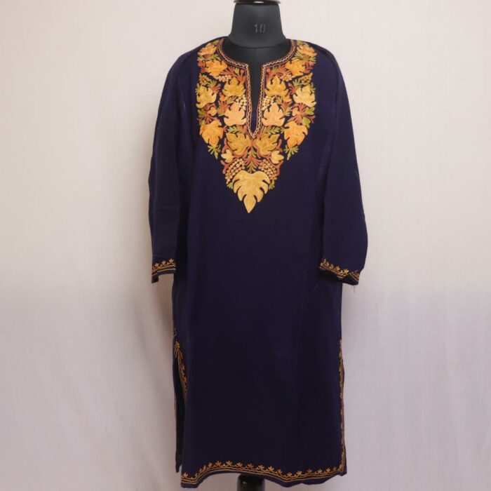 Sapphire Chinar Charm: Dark Blue Kashmiri Pheran with Aari Embroidery