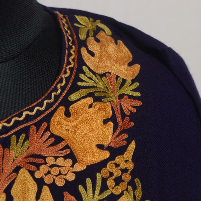Sapphire Chinar Charm: Dark Blue Kashmiri Pheran with Aari Embroidery - Image 3