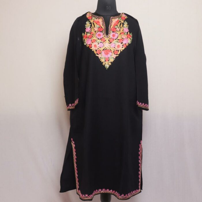 Obsidian Blossoms: Black Winter Kashmiri Pheran with Multi-Flower Aari Embroidery