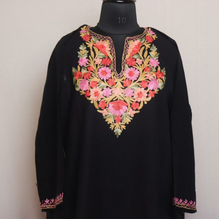Obsidian Blossoms: Black Winter Kashmiri Pheran with Multi-Flower Aari Embroidery - Image 2
