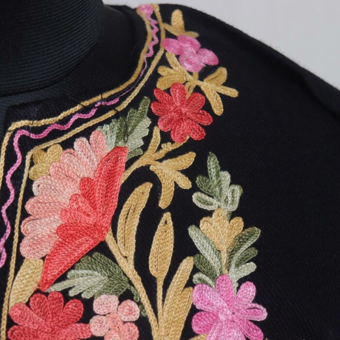 Obsidian Blossoms: Black Winter Kashmiri Pheran with Multi-Flower Aari Embroidery - Image 3