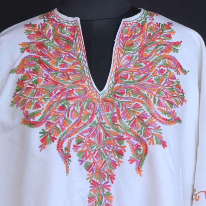 White NoorJahan Aari Embroidery Kashmiri Poncho - Image 3