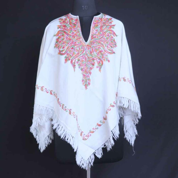 White NoorJahan Aari Embroidery Kashmiri Poncho