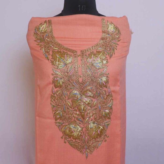 Peach Wool Kashmiri Suit with tilla embroidery