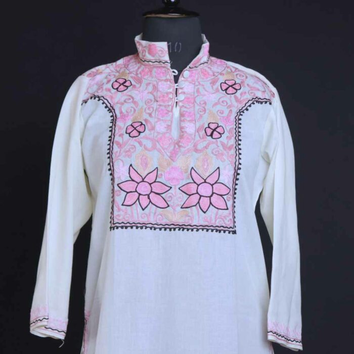 White maryam Summer cool Kashmiri Aari Kurta - Image 2