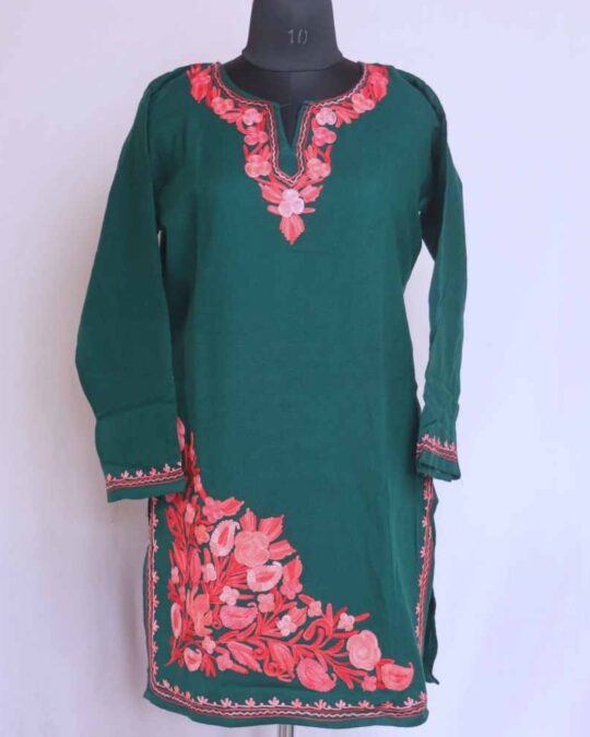 Green Wazul Doodhgana Daman Winter Kurta with Ari Embroidery