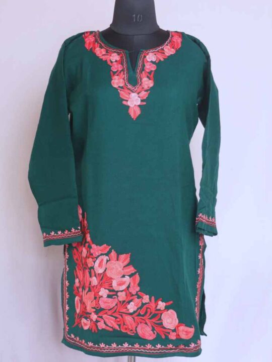 Green Wazul Doodhgana Daman Winter Kurta with Ari Embroidery