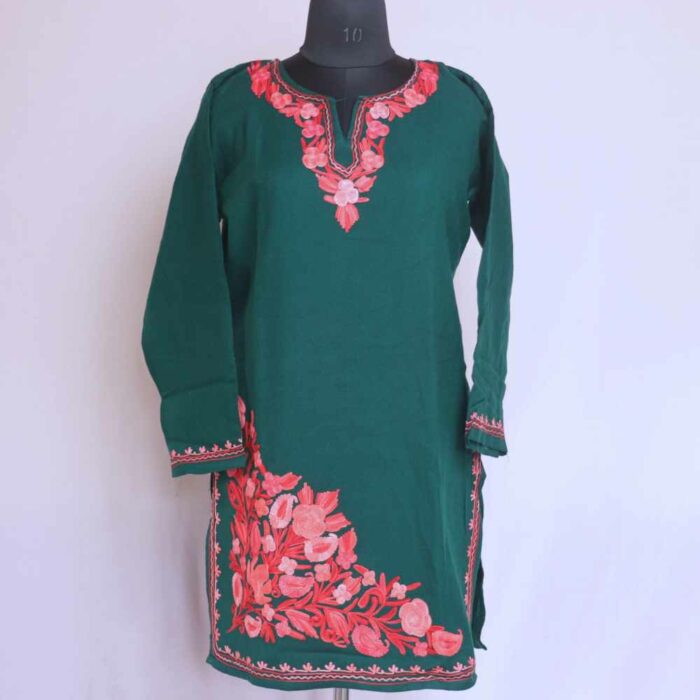 Green Wazul Doodhgana Daman Winter Kurta with Ari Embroidery