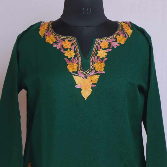 Green Lyodur Doodhgana Daman Winter Kurta with Ari Embroidery - Image 2