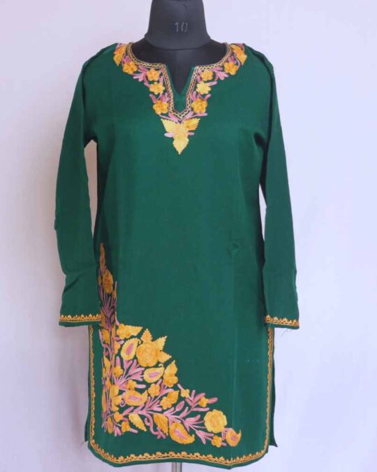 Green Lyodur Doodhgana Daman Winter Kurta with Ari Embroidery