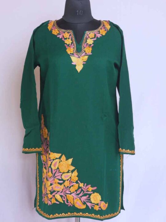 Green Lyodur Doodhgana Daman Winter Kurta with Ari Embroidery