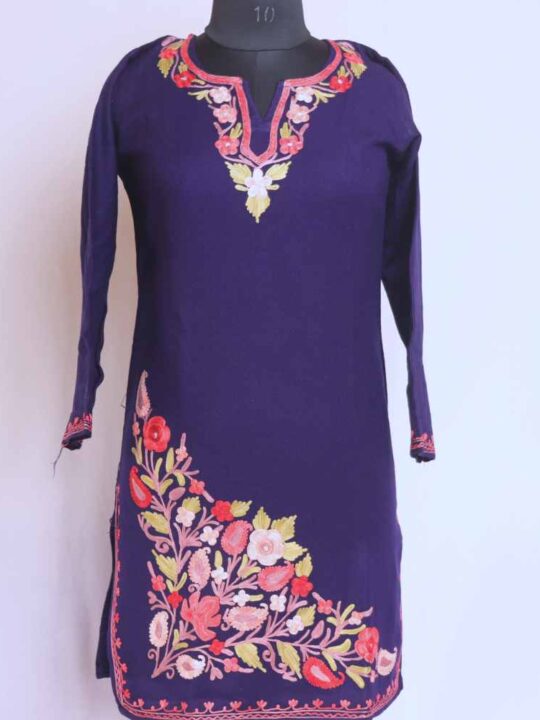 Blue Red Chinar Doodhgana Daman Winter Kurta with Ari Embroidery