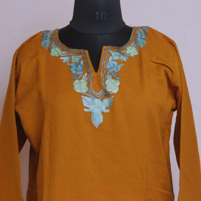 Mustard Aabi Doodhgana Daman Winter Kurta with Ari Embroidery - Image 3