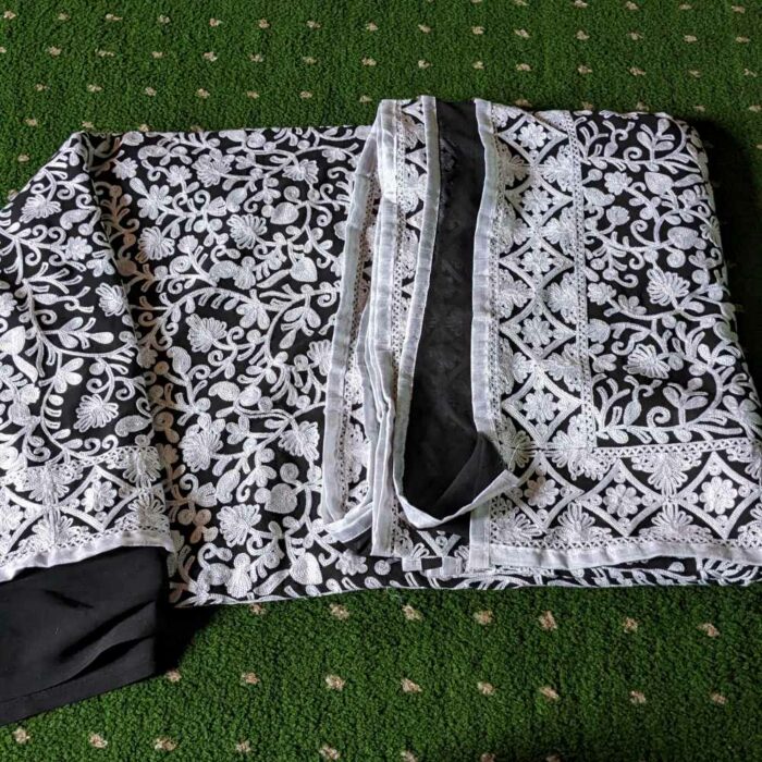 Black and White Georgette Kashmiri Saree With Aari Embroidery