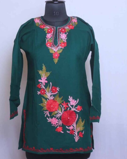 Green Munawar Kashmiri Girls Kurta With Aari Embroidery (L31)