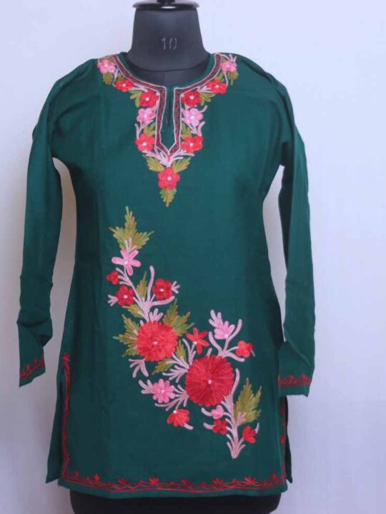 Green Munawar Kashmiri Girls Kurta With Aari Embroidery (L31)