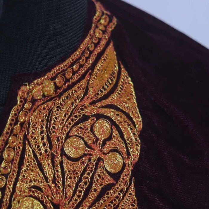 Wine Maryam Kashmiri Girls Velvet Pheran With Golden Tilla (Length 27) - Image 3