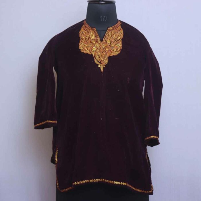 Wine Maryam Kashmiri Girls Velvet Pheran With Golden Tilla (Length 27)