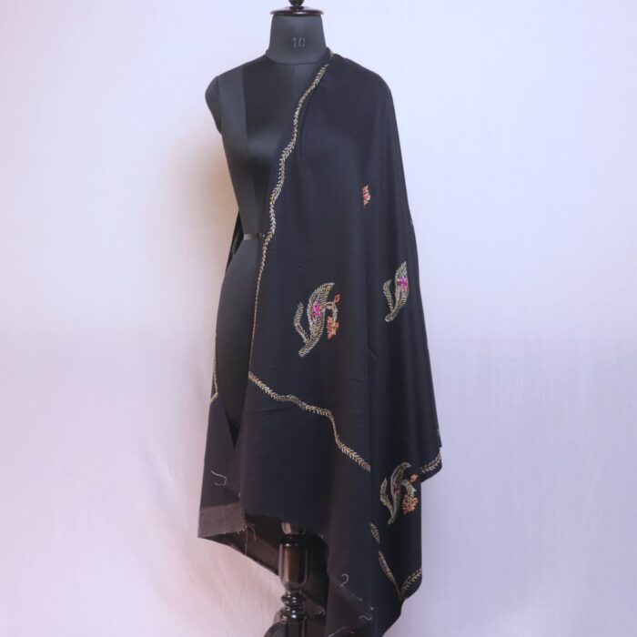 Black Kashmiri Winter Shawl with Hand Sozni Embroidery