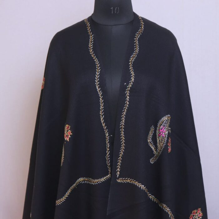 Black Kashmiri Winter Shawl with Hand Sozni Embroidery - Image 2