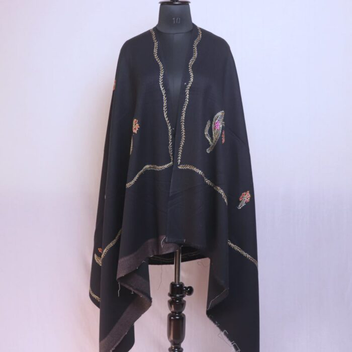 Black Kashmiri Winter Shawl with Hand Sozni Embroidery - Image 3