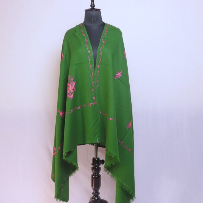 Green Kashmiri Winter Cashmilon Shawl with Hand Sozni Embroidery - Image 2