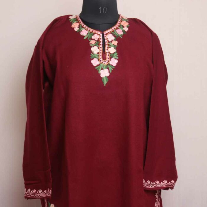 Maroon Wasiya Gulabi Posh Daman Winter Kurta with Ari Embroidery - Image 3