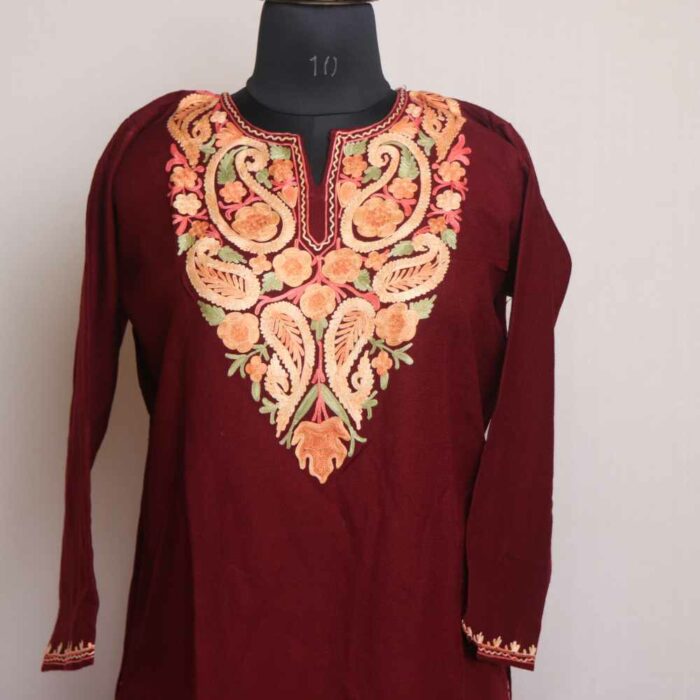 Maroon Badami Wasiya kashmiri Winter Kurta with Ari Embroidery - Image 2
