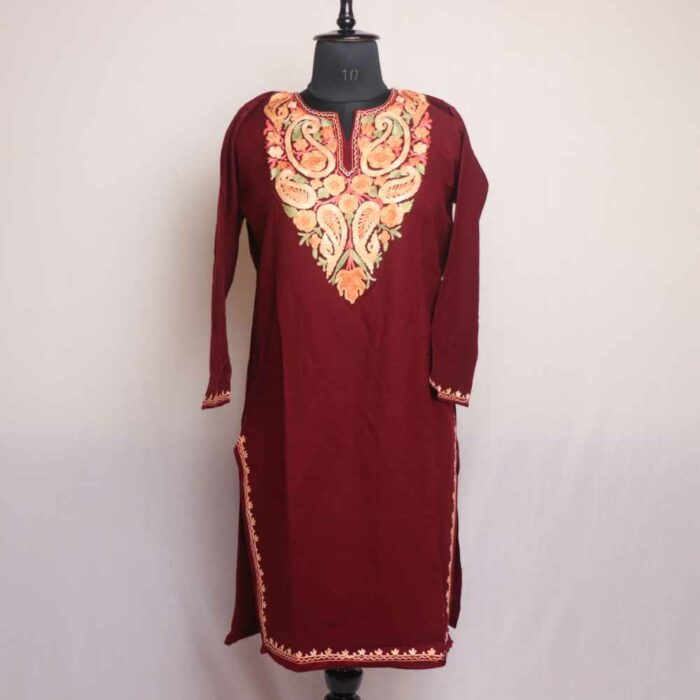 Maroon Badami Wasiya kashmiri Winter Kurta with Ari Embroidery
