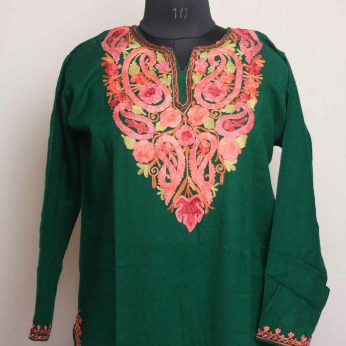 Green Wazul Badaam bagh Wasiya kashmiri Winter Kurta with Ari Embroidery - Image 2