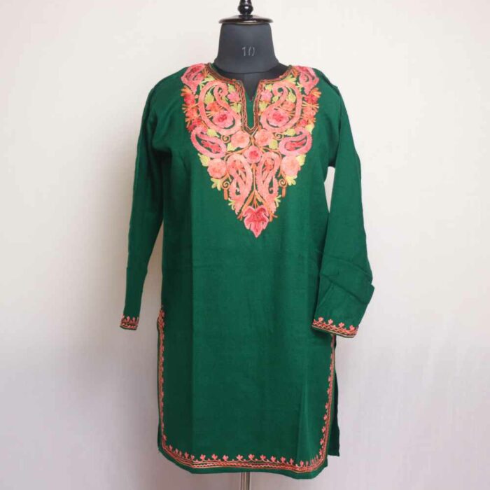 Green Wazul Badaam bagh Wasiya kashmiri Winter Kurta with Ari Embroidery