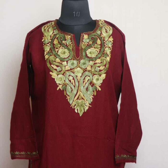 Maroon Sabz Badami Wasiya kashmiri Winter Kurta with Ari Embroidery - Image 2