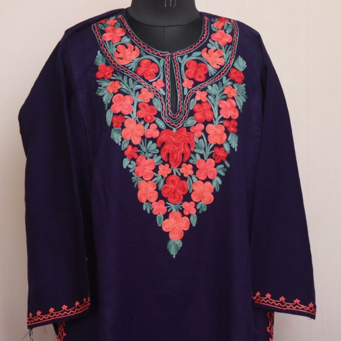 Dark Blue Insha Cashmilon Winter Aari Pheran - Image 2
