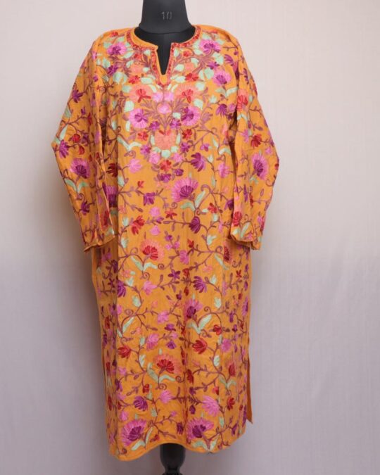 Mustard Pure Wool Jama Aari All Over Kashmiri Pheran