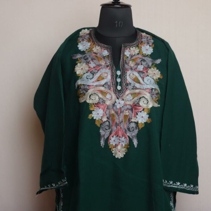 Dark Green Floral Kashmiri Aari Pheran - Image 2