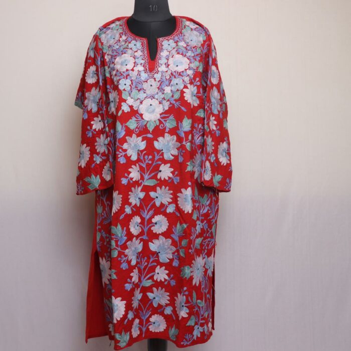 Red Pure Wool Jama Aari Kashmiri Pheran