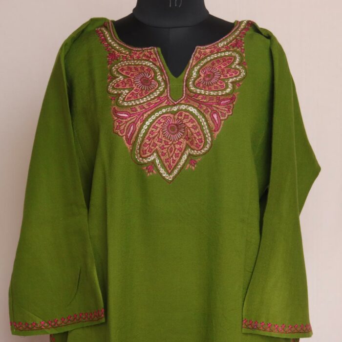 Olive Green Pure Wool Kashmiri Sozni Pheran - Image 2