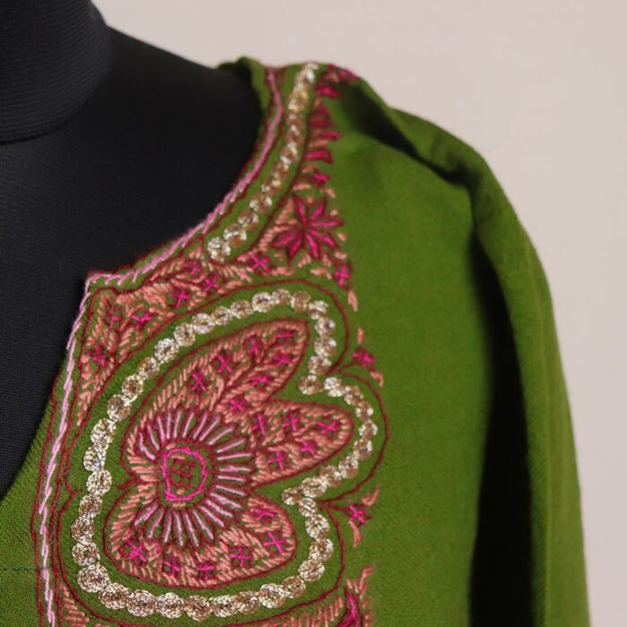 Olive Green Pure Wool Kashmiri Sozni Pheran - Image 3