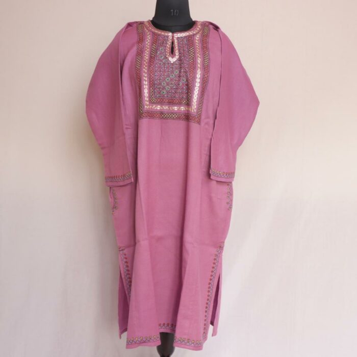 Pink Pure Wool Kashmiri Sozni Pheran ( Multi Color Pink Fabric)