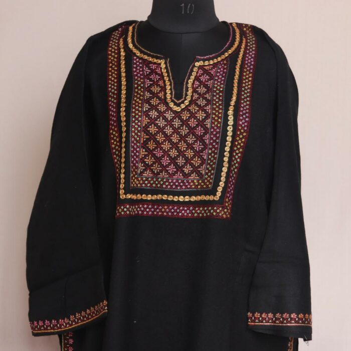 Black Pure Wool Kashmiri Sozni Pheran - Image 2