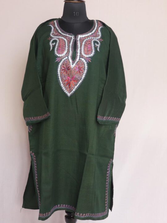 Dark Green Pure Wool Kashmiri Sozni Pheran