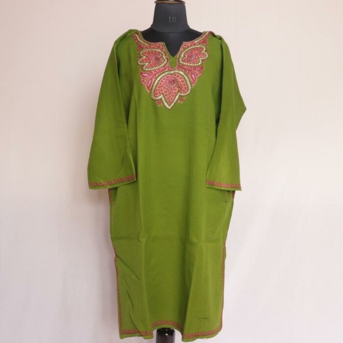 Olive Green Pure Wool Kashmiri Sozni Pheran