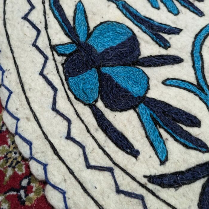 Handmade Pure Wool 3ft Round Aari Embroidered Namda Rug - White Base with Blue Accents - Image 2