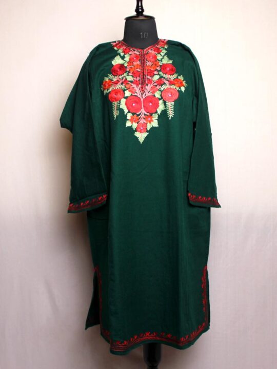 Dark Green Kashmiri Pheran With Aari Embroidery