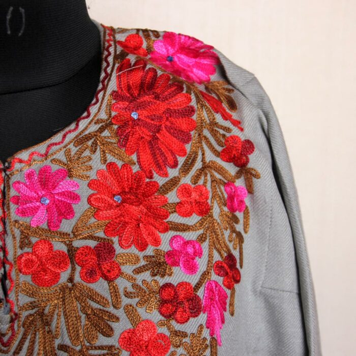 Kashmiri Pheran - Ash Grey With Aari Embroidery - Image 3