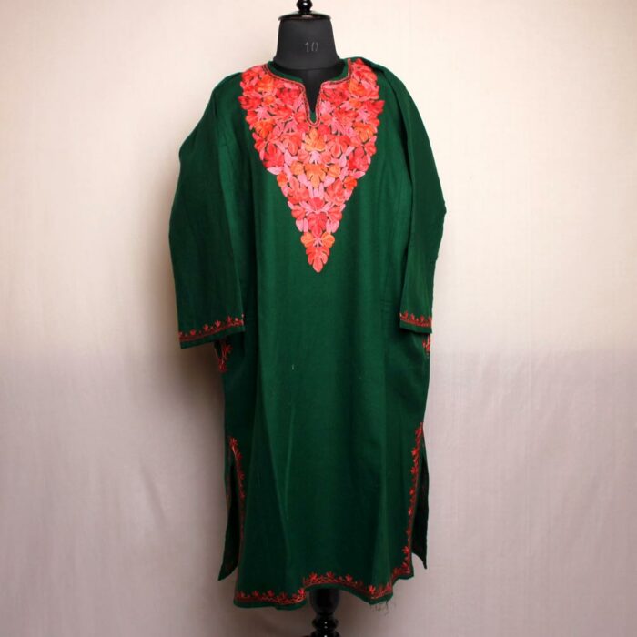 Dark Green Zainab Kashmiri Pheran With Aari Embroidery