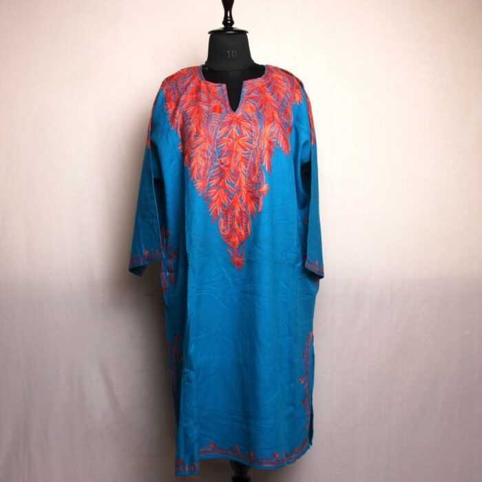 Ferozi Blue Narmeen Kashmiri Pheran With Aari Embroidery
