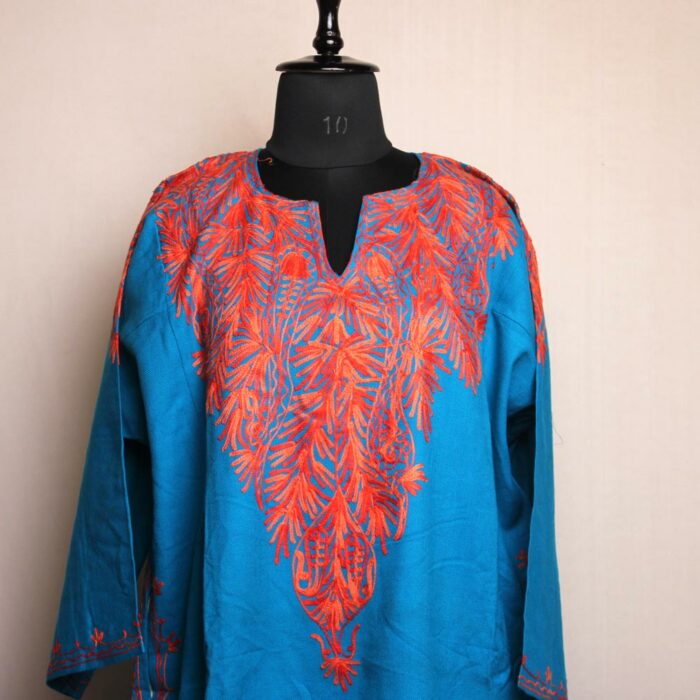 Ferozi Blue Narmeen Kashmiri Pheran With Aari Embroidery - Image 2