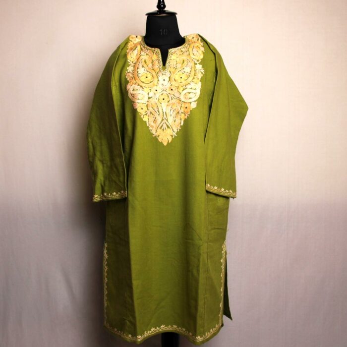 Kashmiri Pheran - Parrot Green With Aari Embroidery - Image 2